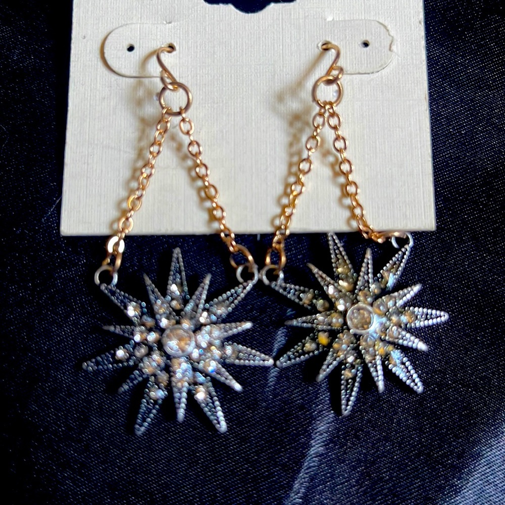 gold and gun metal clear stone hanging earrings